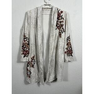 Caite‎ Jacket Women’s Size M Embroidered Floral Hooded Cotton Boho Cardigan